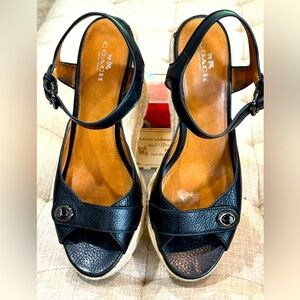 Coach Black Leather Wedge Sandals